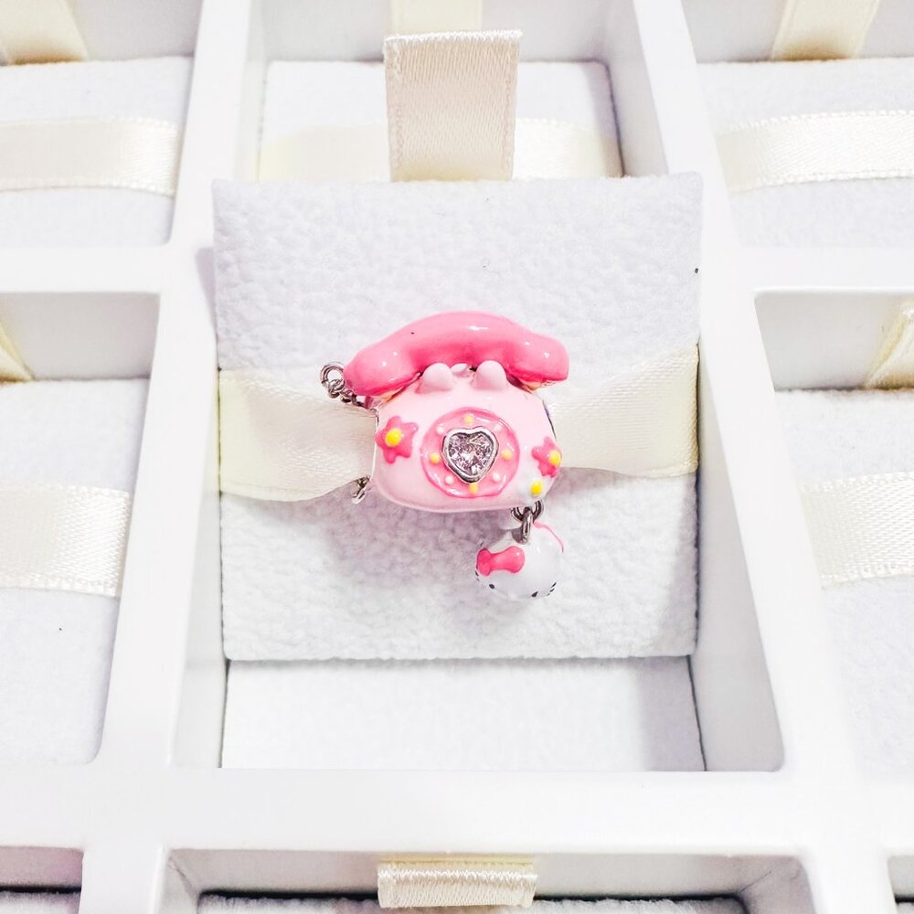 925 Sterling Silver Sanrio Hello Kitty Pink Phone Charm Bead Fits Pandora